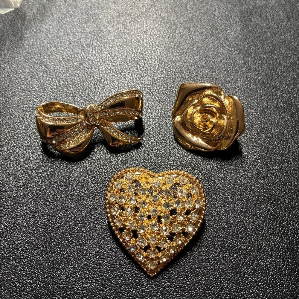 Vintage Style Gold Tone Brooch Set 3pc Heart Bow Rose Rhinestone Jewelry